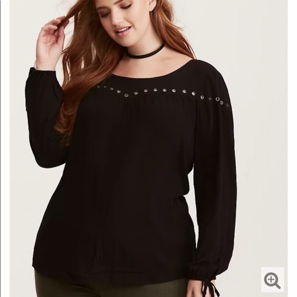 Torrid Black Crepe Grommet Tie Neck Blouse